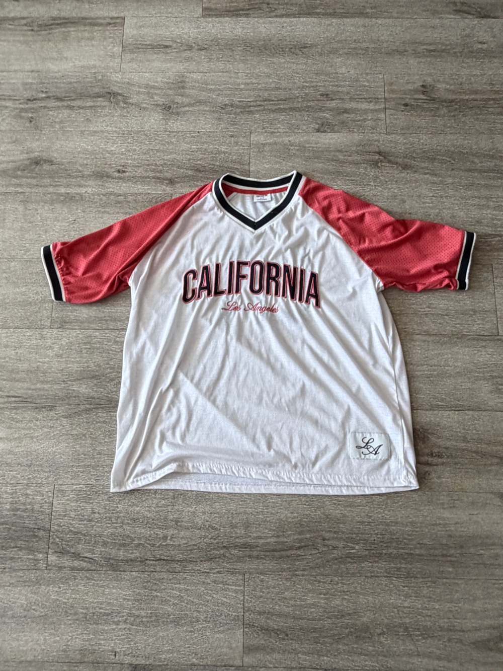 Cotton On White Raglan Tee with Red Sleeves - California Script